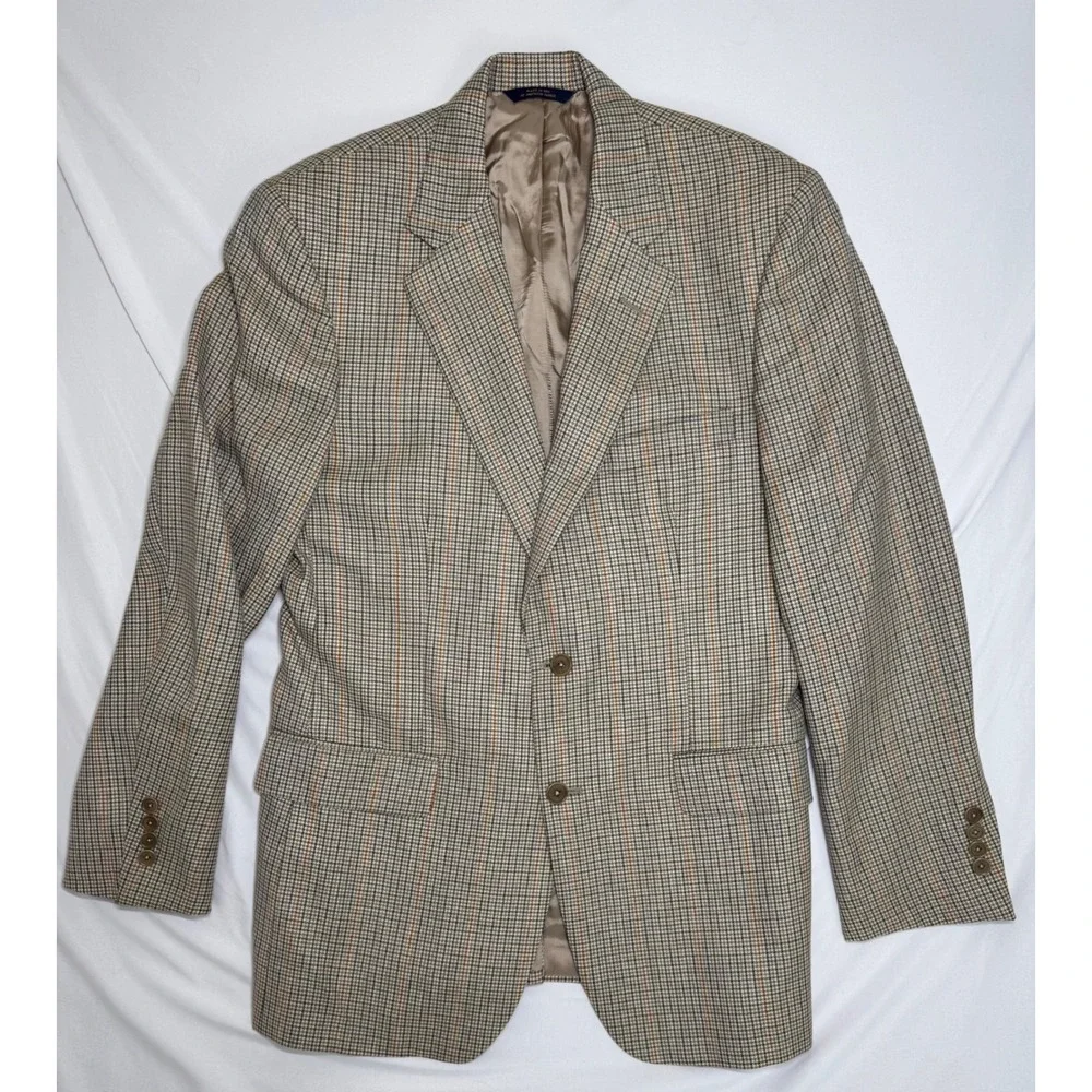 Brooks Brothers 40R Sport Coat Mens Tan Check 100% Wool Blazer Made in USA